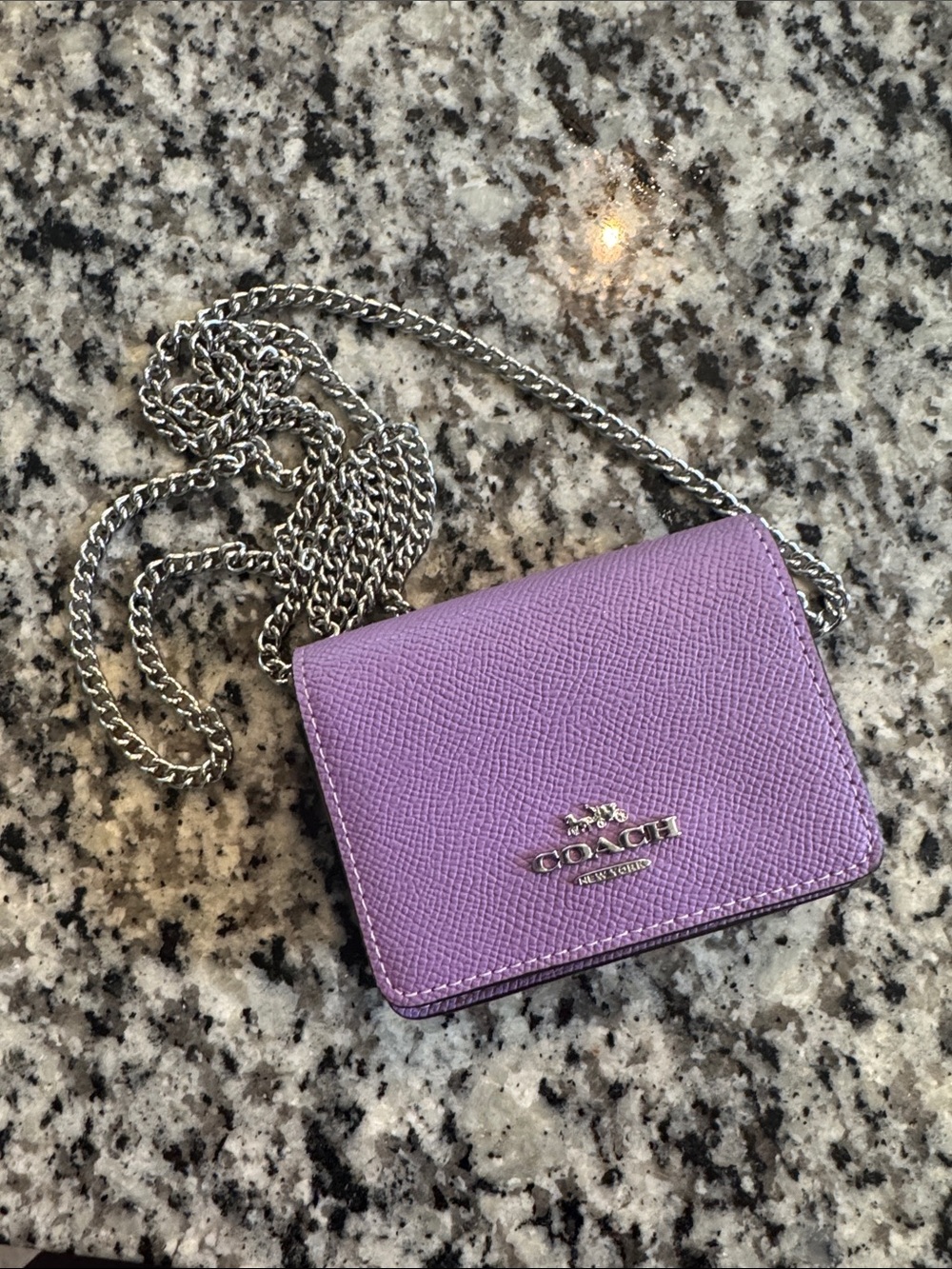 Coach Lilac Saffiano Leather Crossbody Wallet with Silver Chain